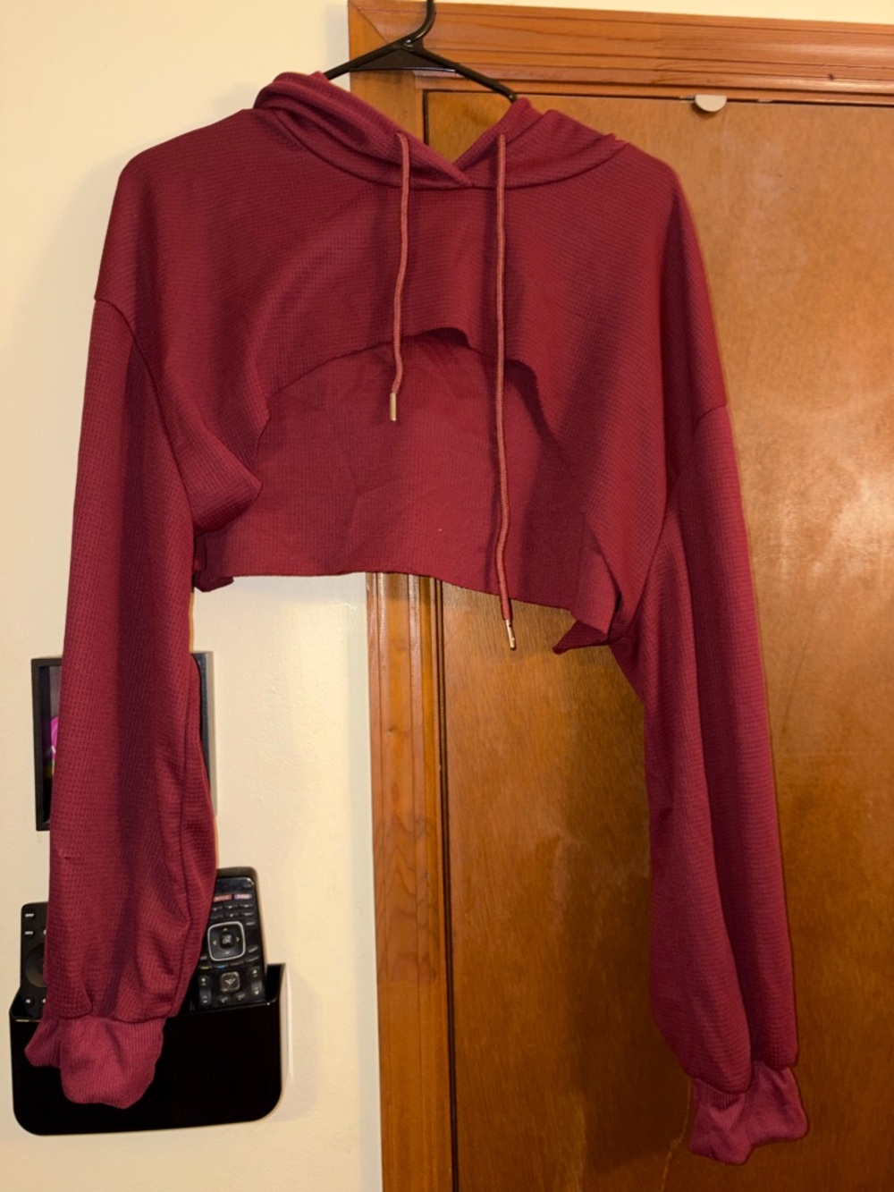 SHEIN Burgundy Cropped Waffle Hoodie